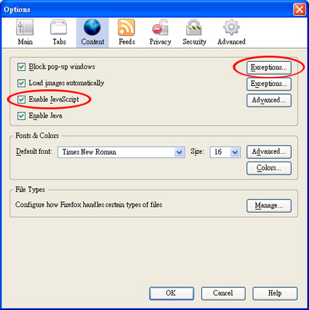 Settings for Mozilla Firefox 1